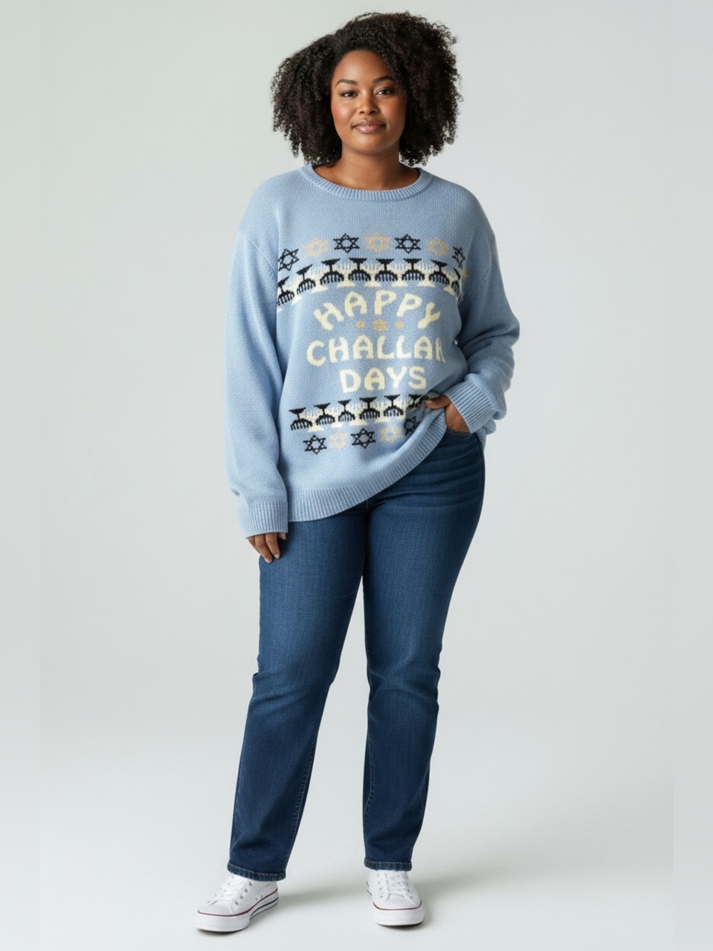 Fashion Nova Light Blue "Happy Challah Days" Crewneck Sweater